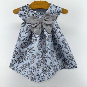 Bonnie Baby Tapestry Silver and Blue Floral Baby Dress with Bow
